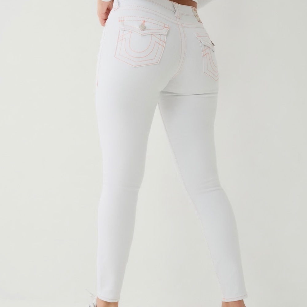 NWT True Religion Jennie Curvy Mid Rise Super Skinny White with Orange Size 31 - Picture 4 of 12